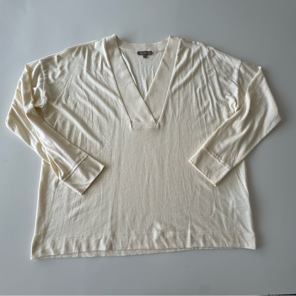 Lilla P V-Neck Lightweight Cotton Blend Ivory Cream Knit Top Womens LARGE